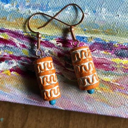 Hand Carved Clay And Turquoise Earrings Created By..